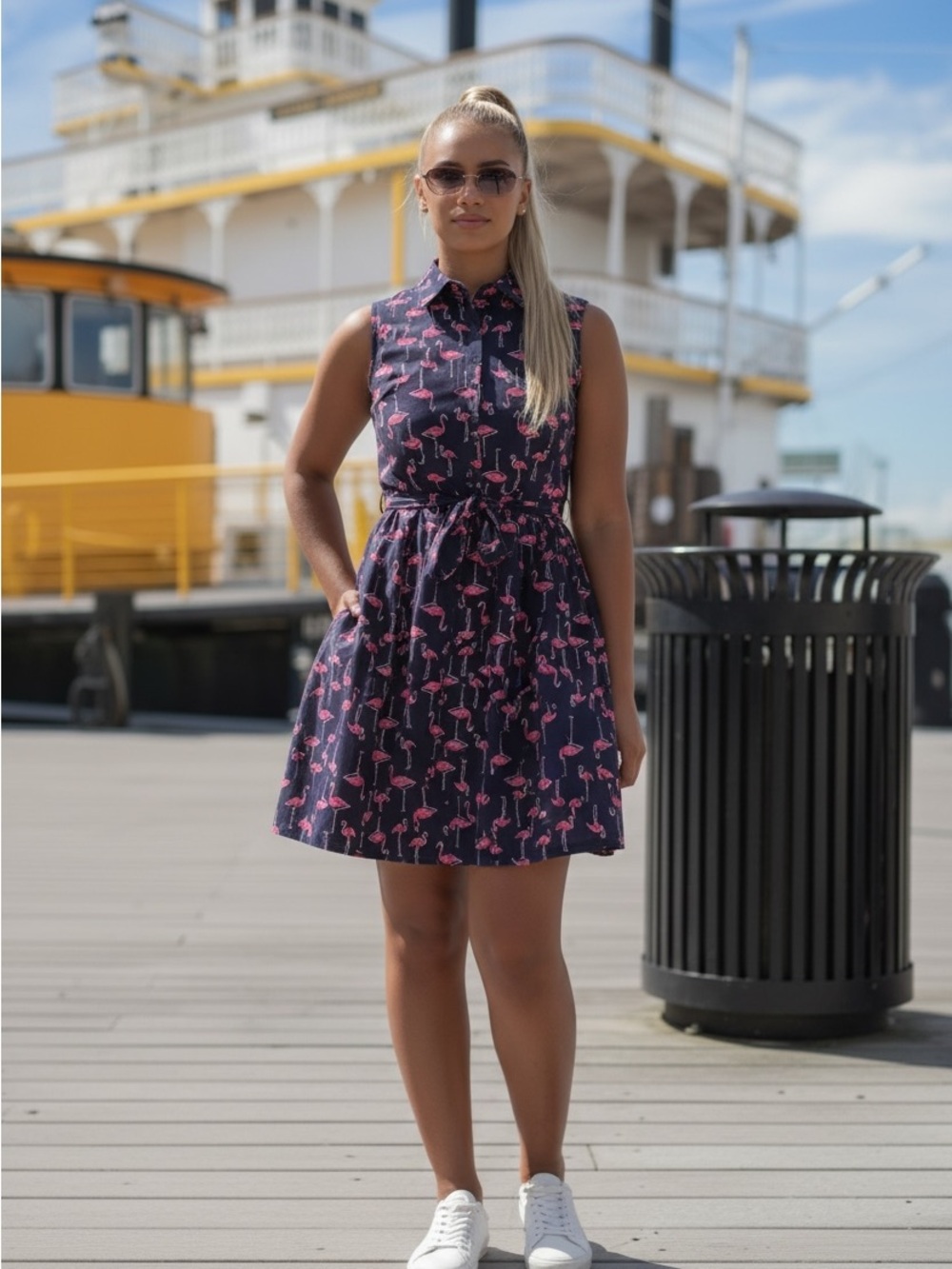 Modcloth Flamingo Patterned Dress - Dark Blue and Pink